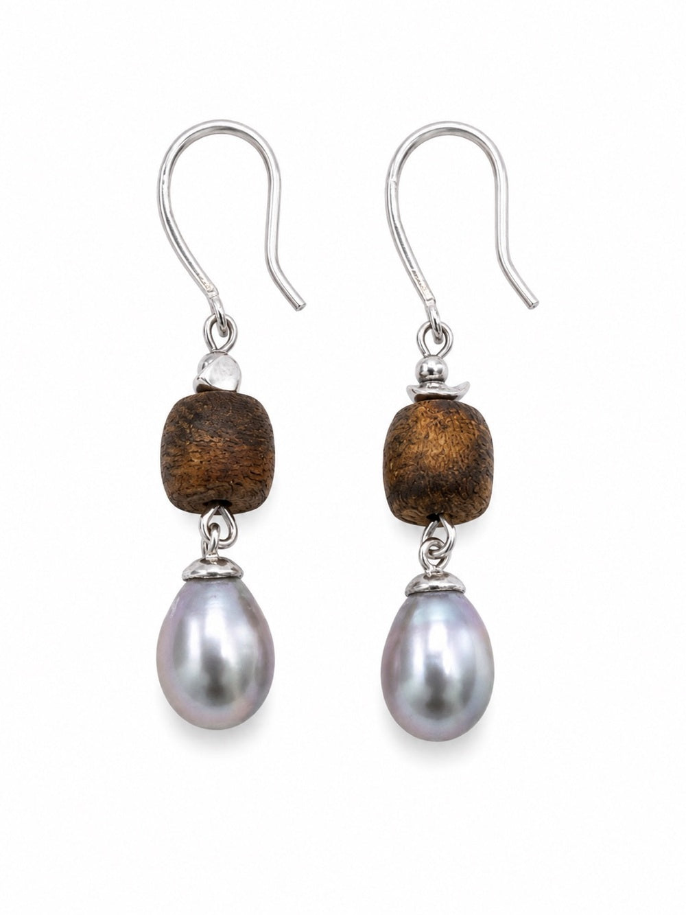 Freshwater Pearl and Wood Dangle Earrings (#E128)