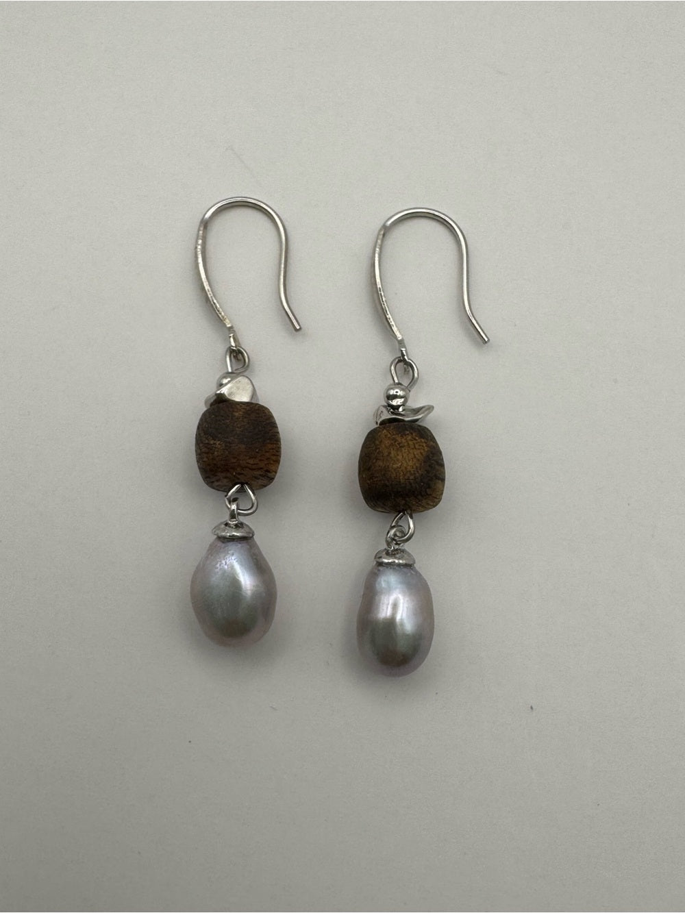 Freshwater Pearl and Wood Dangle Earrings (#E128)
