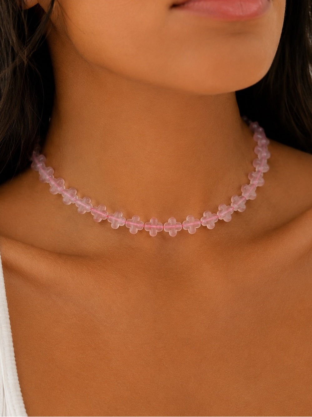 Rose Quartz Clover Beaded Necklace - Made to Order