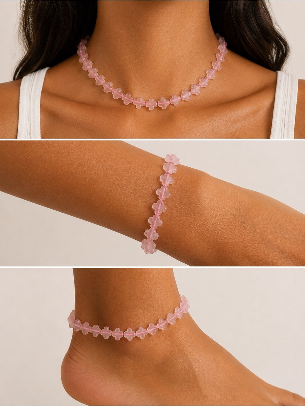 Rose Quartz Clover Beaded Bracelet/Anklet - Made to Order