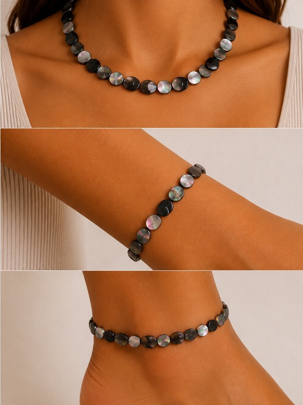 Black Shell Disk Beaded Bracelet/Anklet - Made to Order