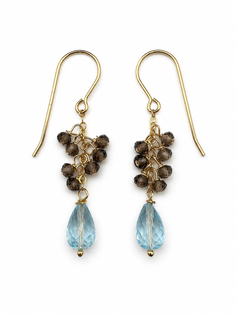 HKB80 Blue Topaz + Smoky Quartz Hook Earrings