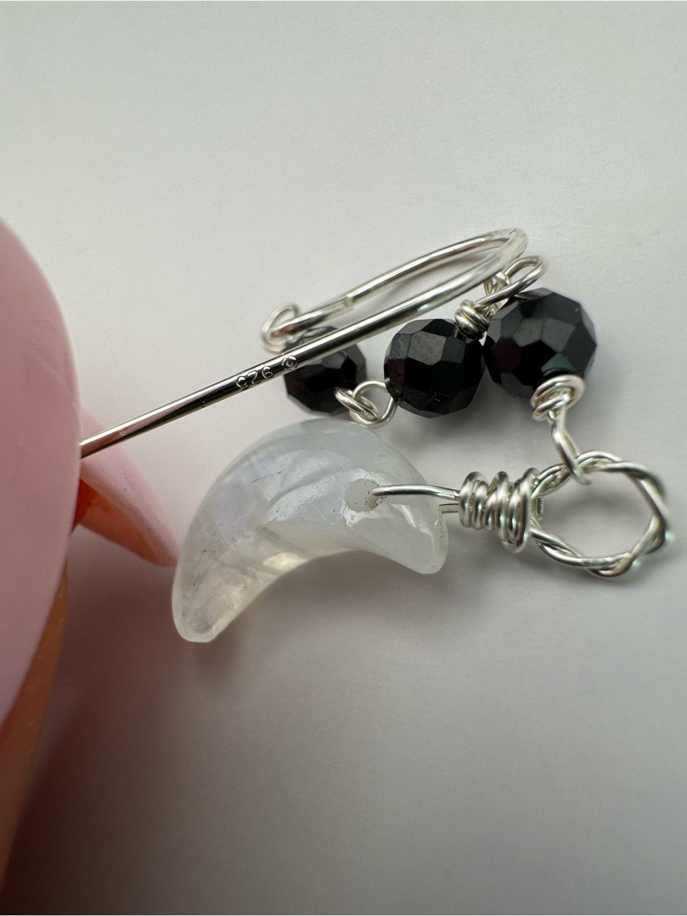 HKB100 Black Spinel + Moonstone Hook Moon Earrings