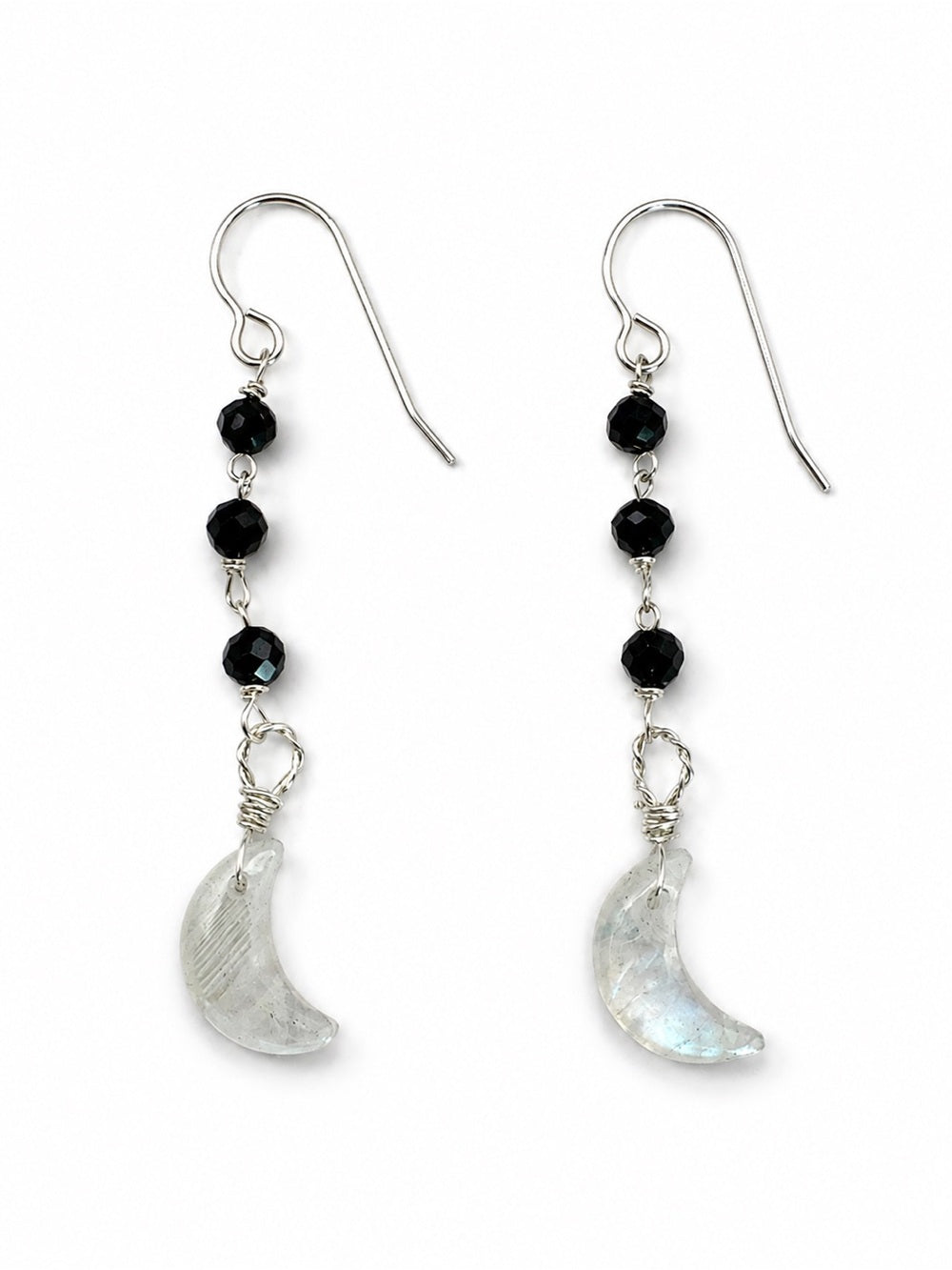 HKB100 Black Spinel + Moonstone Hook Moon Earrings
