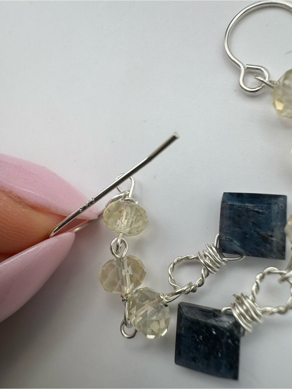 HKB78 Lemon Quartz + Kyanite Diamond Hook Earrings