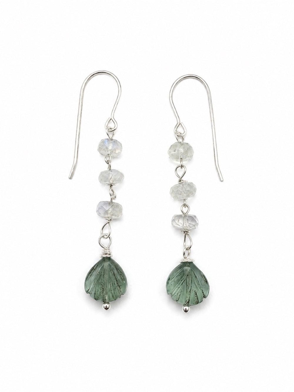 HKB107 Moonstone + Flourite Shell Hook Earrings