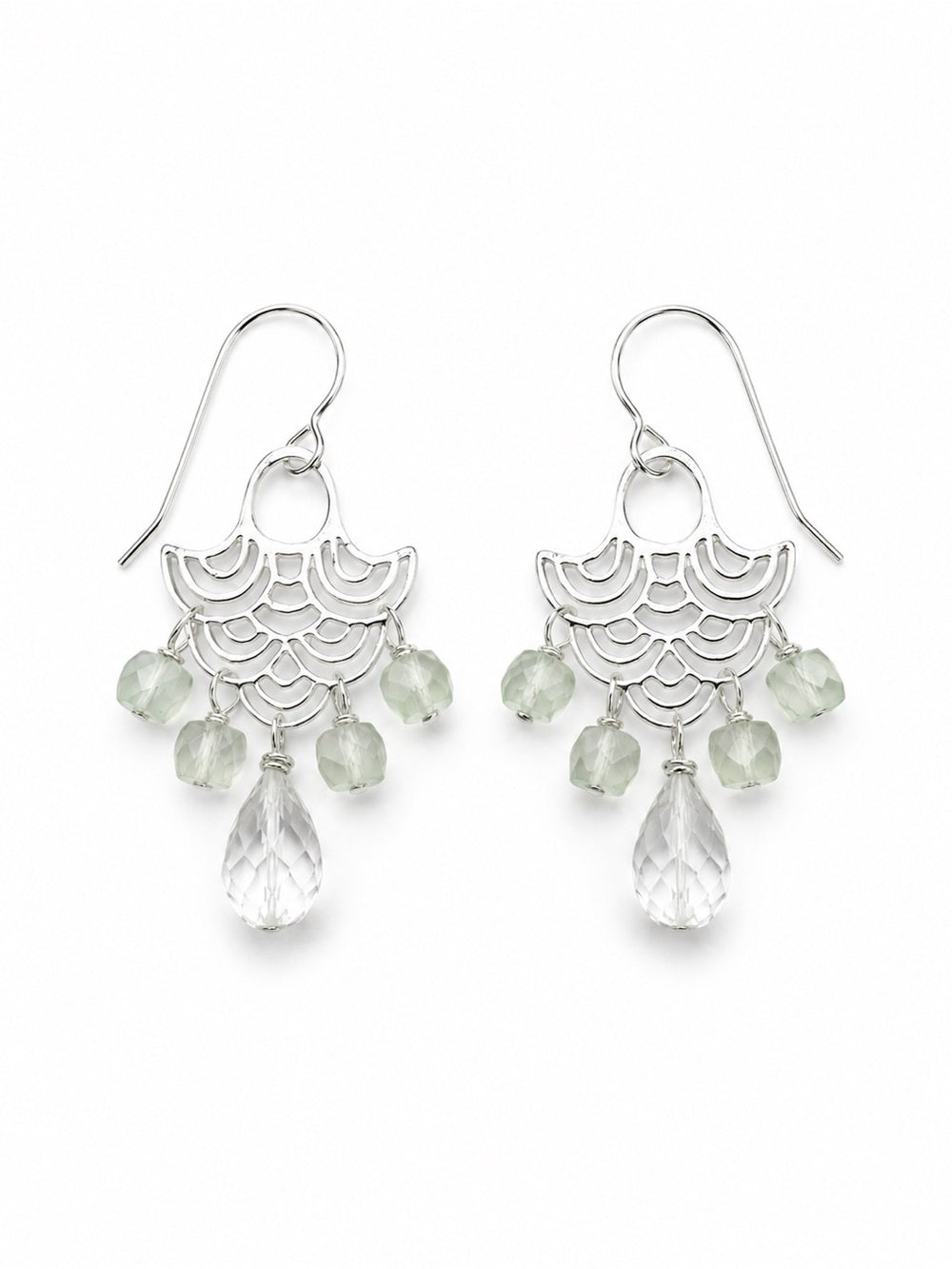 HKB106 Crystal Quartz + Prehnite Fan Hook Earrings