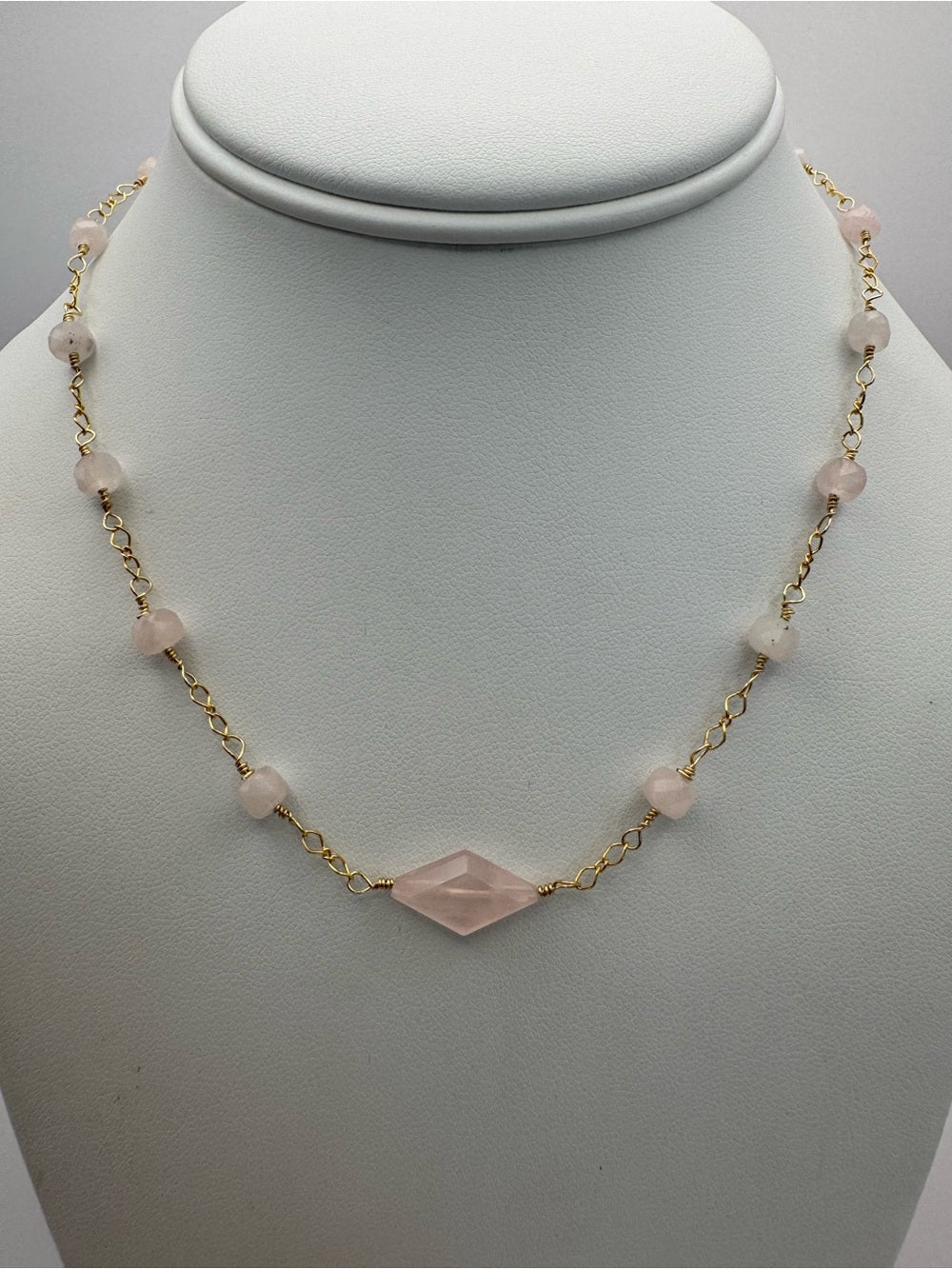 Rose Quartz Diamond Shaped Gold Filled Necklace (AWN6)
