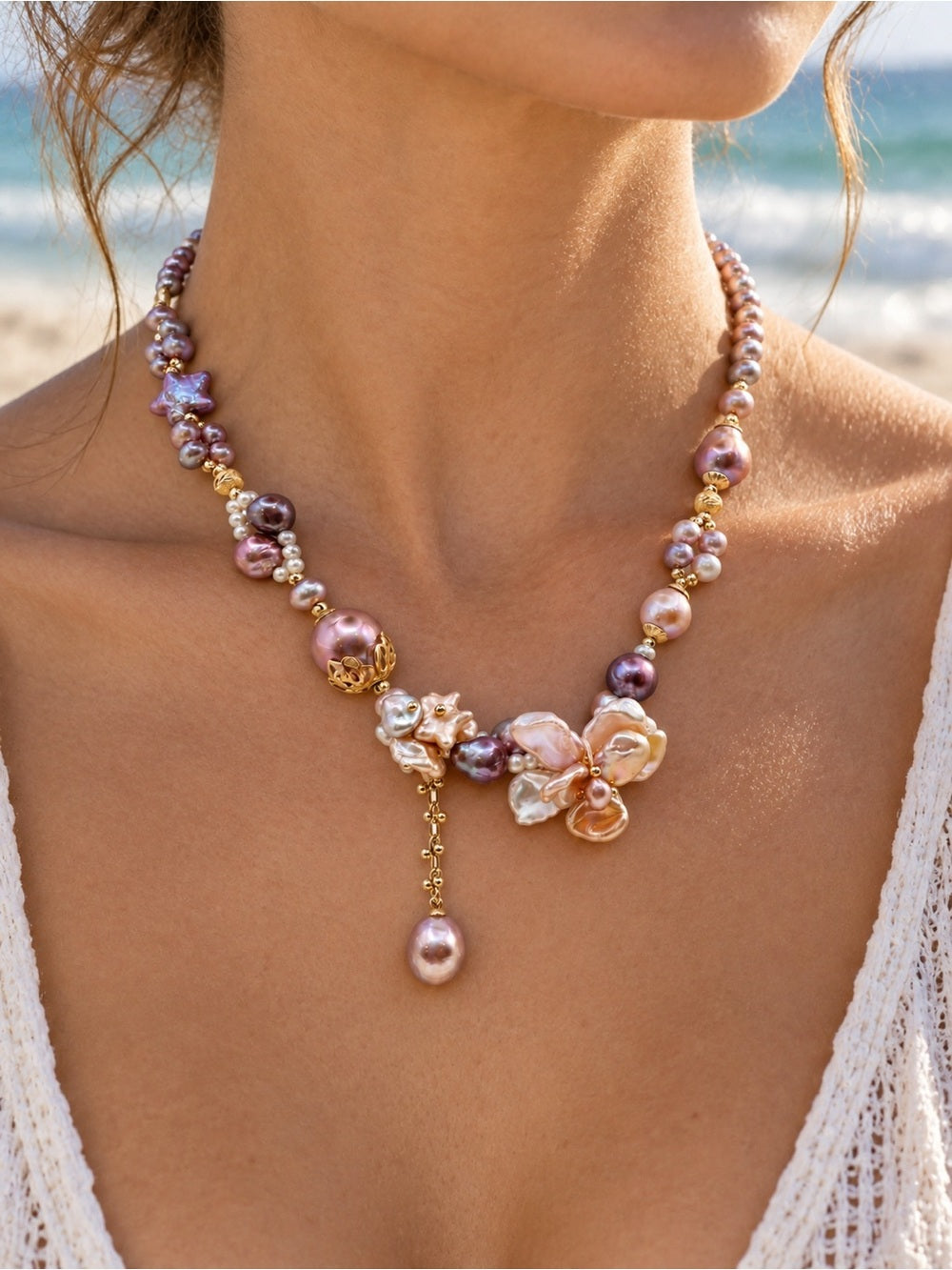 Purple Freshwater Pearl Star Cluster Necklace RL033