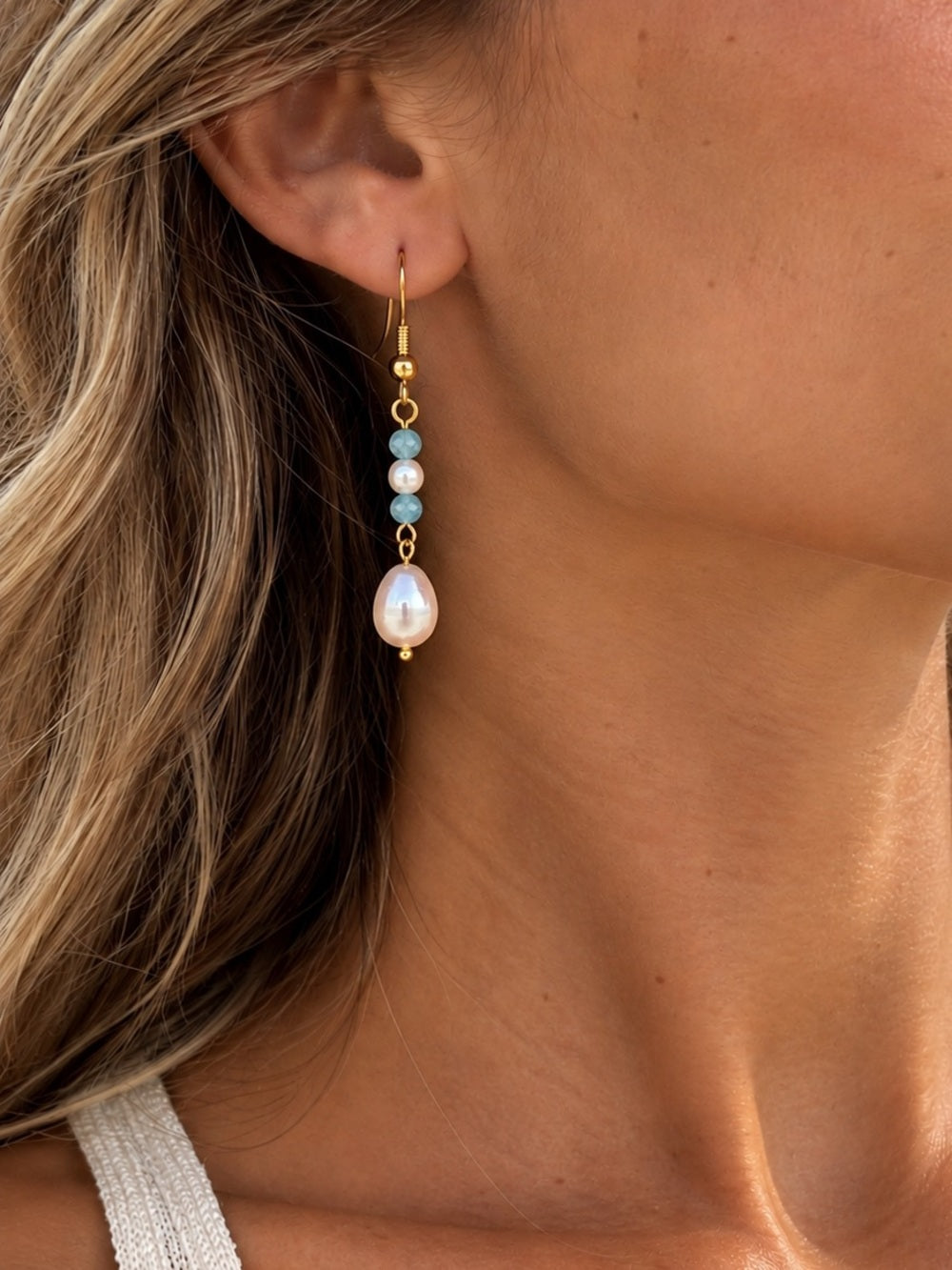 Freshwater Pearl & Aquamarine Dangle Earrings