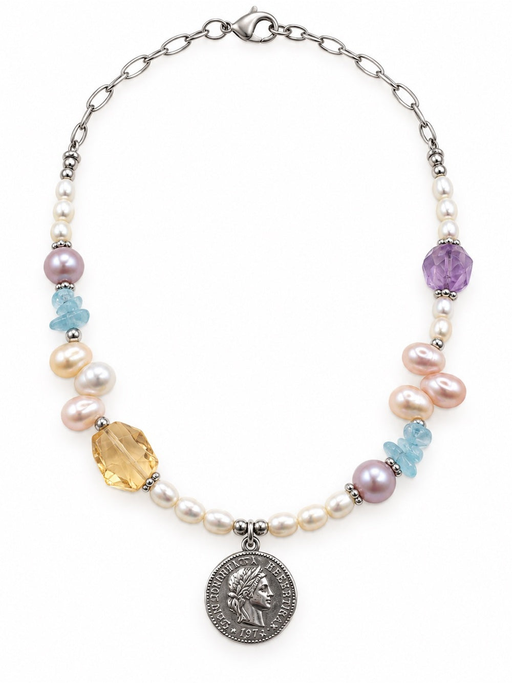 Freshwater Pearl & Coin Charm Necklace