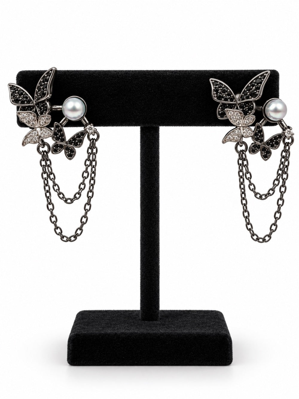 Midnight Butterfly Pearl Chain Earrings (#E132)