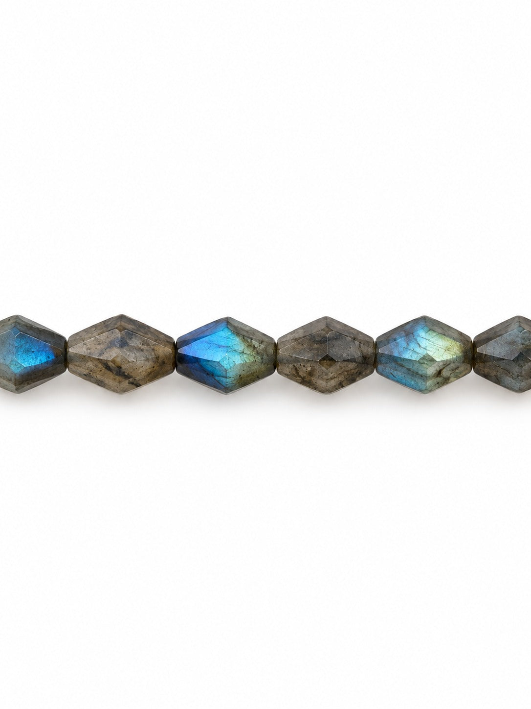 Lantern labradorite faceted beads on white background